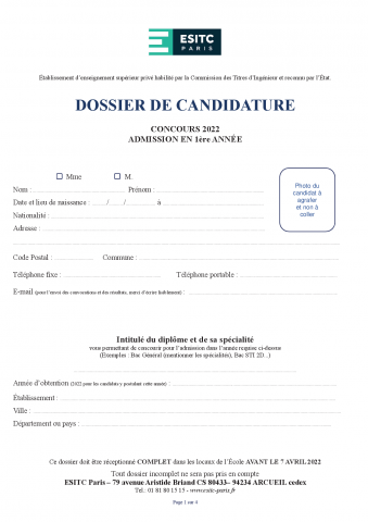 Dossier de candidature Concours 2022 - 1ère année cycle préparatoire Hors lycée français